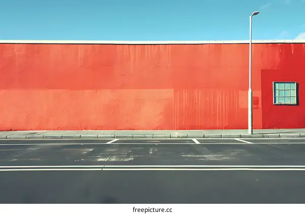 Red Wall with Street and Lamp Post