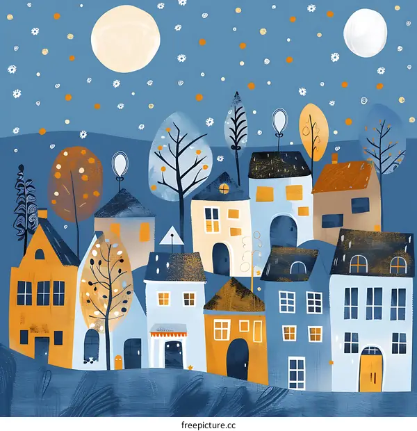 Blue and Yellow Village with Stars and Moons