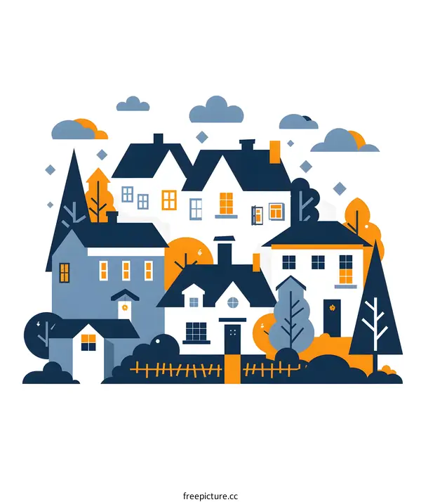 Simple Illustration of a Small Town with Houses and Trees