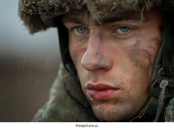 Portrait of a young male soldier with blue eyes and a dirty face wearing a military hat with fur trim