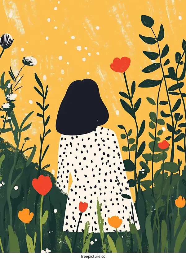 Woman In Polka Dot Dress Standing In A Field Of Flowers