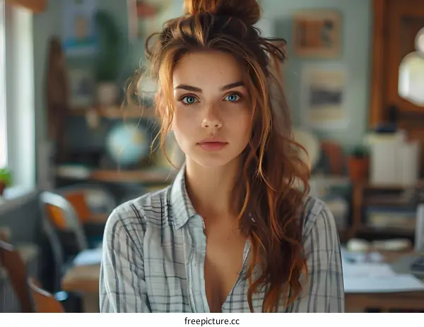 portrait of a young woman with freckles and blue eyes