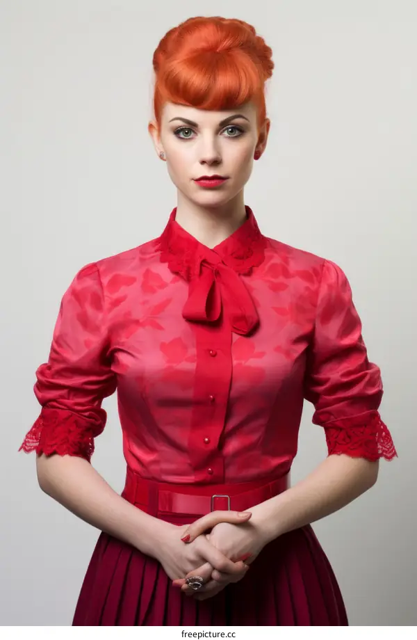 redhead woman wearing red blouse and red skirt