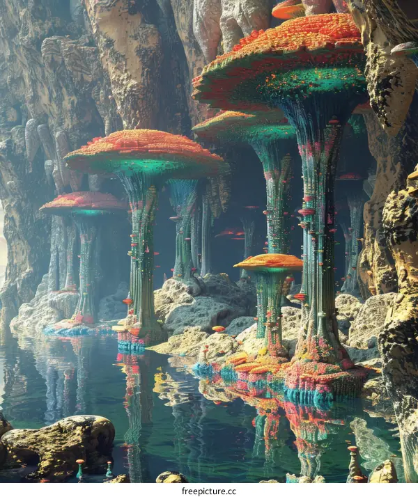 Mystical Colorful Mushrooms in an Alien Cave