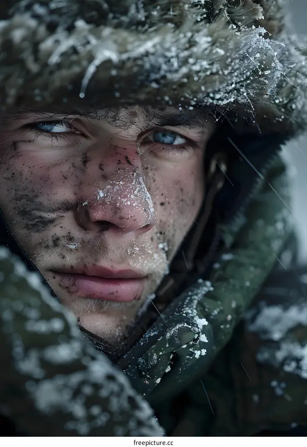 Portrait of a young soldier in the winter forest