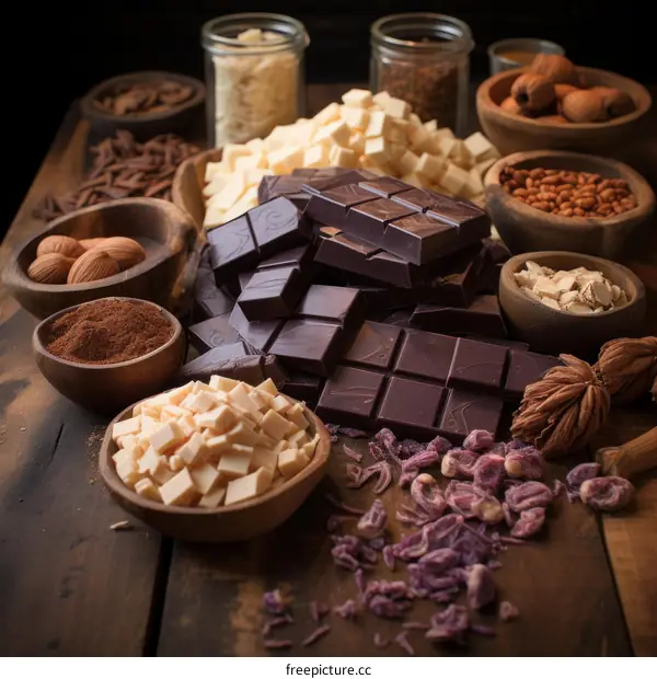 A variety of chocolate bars and pieces with cocoa beans and nuts