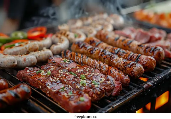 A variety of grilled meats and vegetables on a grill