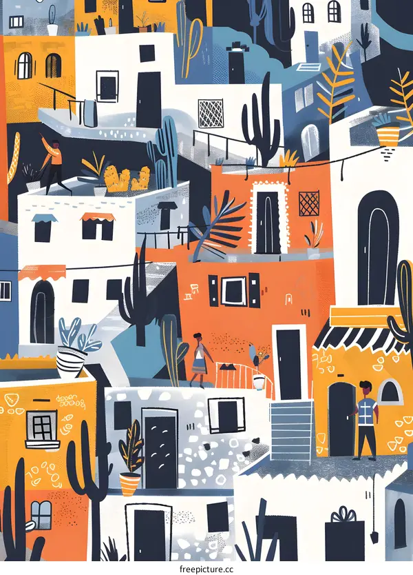 Colorful Illustration of Houses in a Village