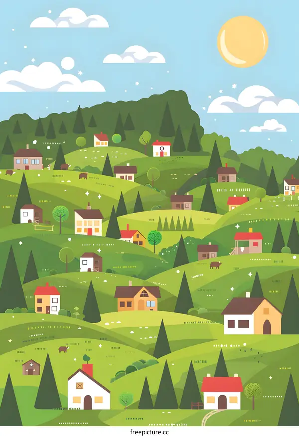Beautiful Green Hills and Houses in a Cartoon Landscape