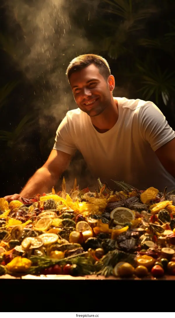 shirtless man surrounded by a pile of lemons and seafood
