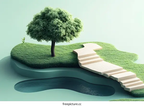 Minimalist Green Grass with Wooden Steps