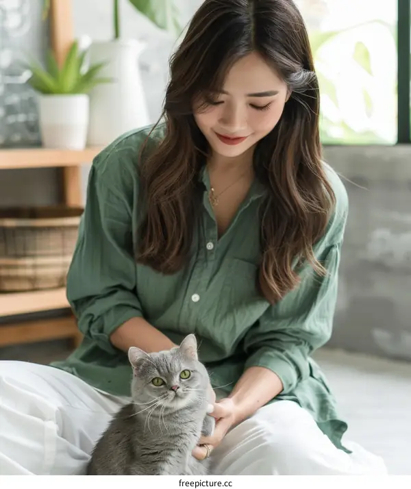 A young woman is sitting on the floor with a gray cat