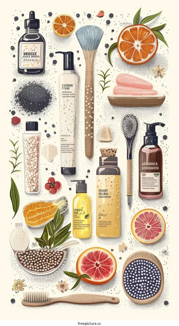 An illustration of various beauty products and natural ingredients.