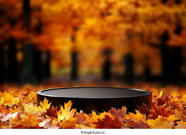 Autumnal Display Platform with Fallen Leaves