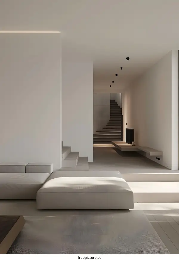 Minimalist Modern Home Interior Design with White Walls and Concrete Stairs