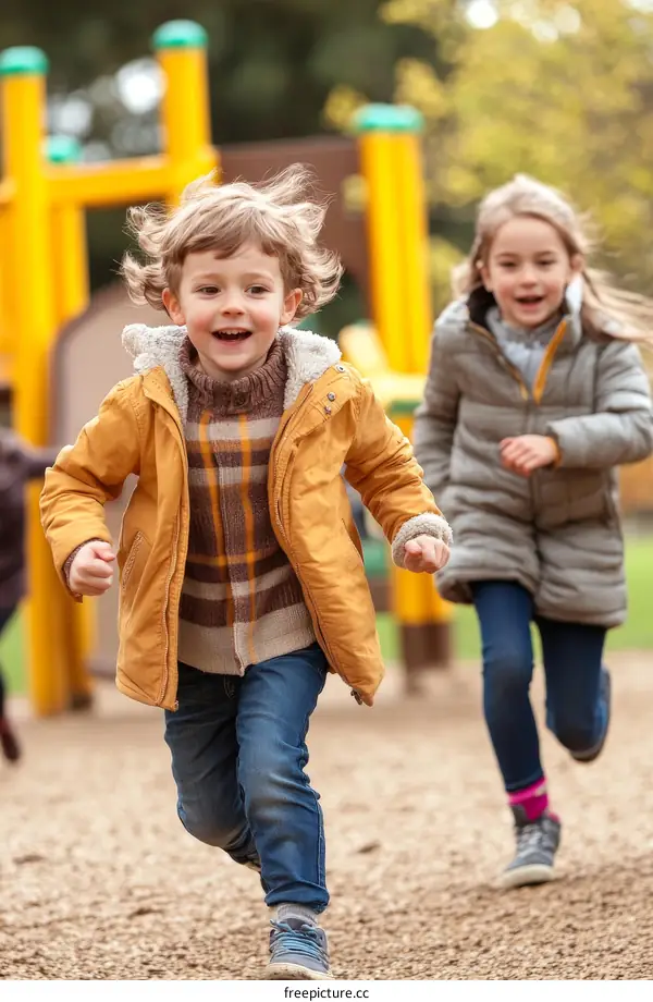 Children Running on a Playground in Autumn