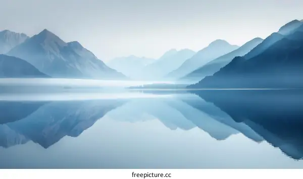 Tranquil Mountain Lake Scenery with Misty Blue Peaks and Still Waters