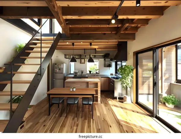 Modern Japanese Home with Wooden Beams and Open Floor Plan