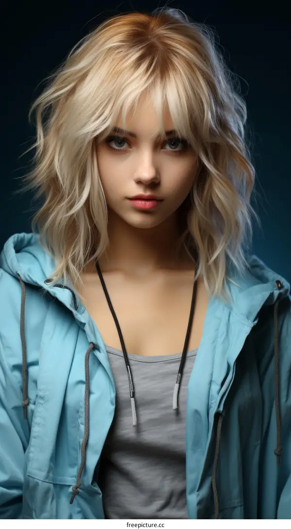 Portrait of a young woman with blonde hair and blue eyes wearing a blue jacket