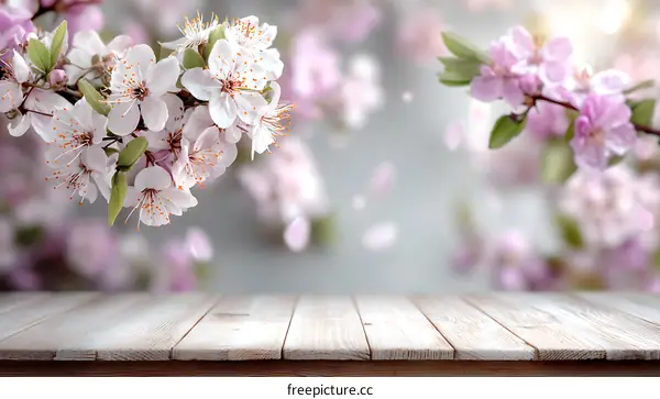 Spring Blossom and Wooden Tabletop Background