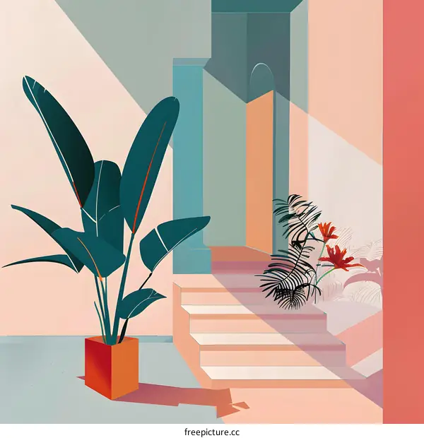 Minimalist Illustration of an Indoor Garden with a Plant and Stairs