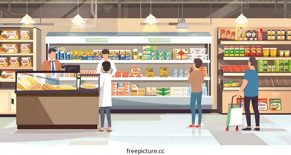 Grocery Store Illustration with People Shopping for Food