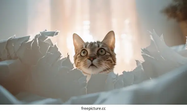 A cat peeks out from under a pile of wrapping paper