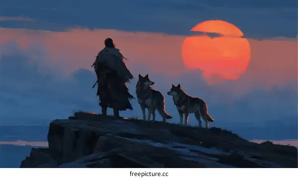 A lone figure stands with two wolves against a setting sun