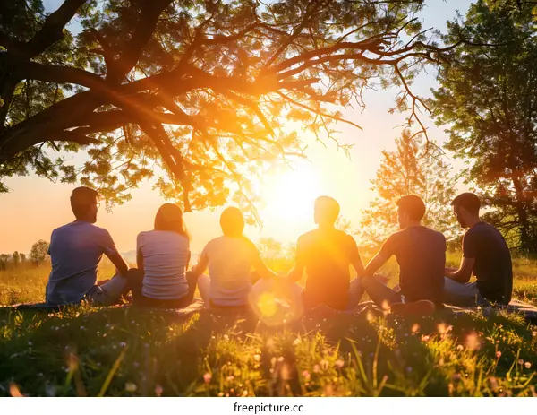 Group of Friends Sitting Under Tree Watching Sunset