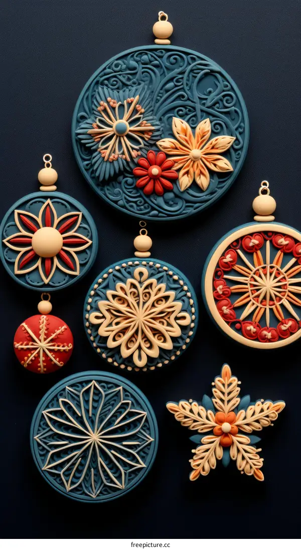 Blue and red Christmas ornaments hanging on a dark blue background