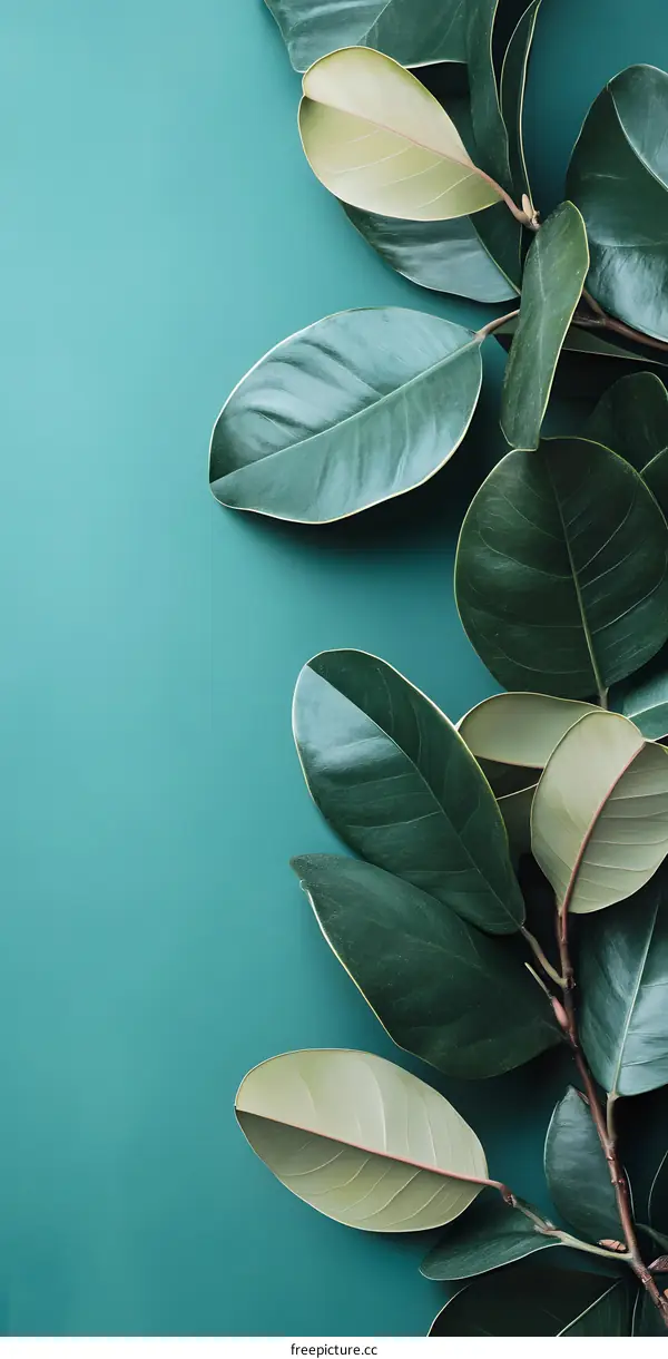 Green Leaves on Teal Background Minimalist Photography