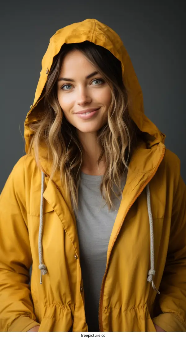 Portrait of a young woman in a yellow raincoat
