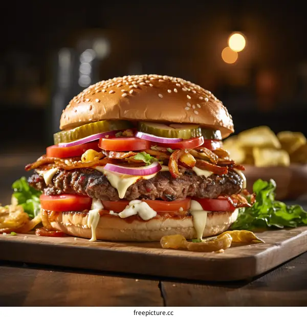 A delicious cheeseburger with bacon, tomato, onion, and lettuce