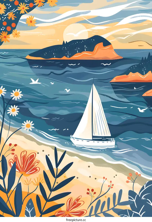 Summer Beach Landscape With Boat and Flowers
