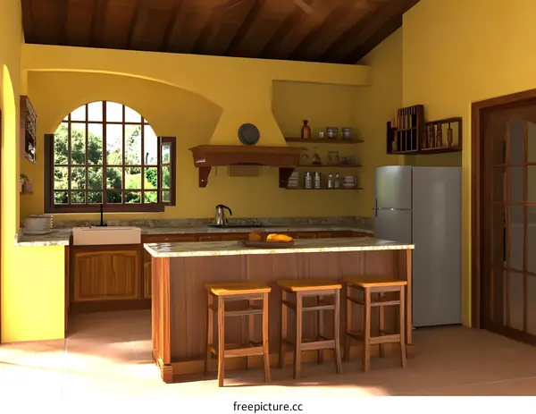 Modern Kitchen Design with Yellow Walls and Wood Accents