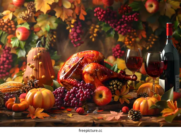 Thanksgiving dinner with roasted turkey, pumpkins, and grapes