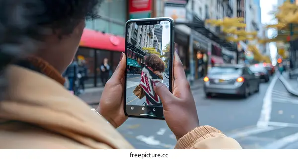 Woman taking a picture of a street in New York City