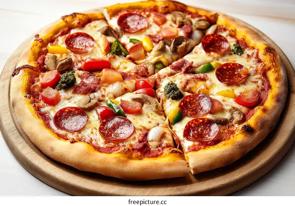 Delicious Pizza with Various Toppings on Wooden Board