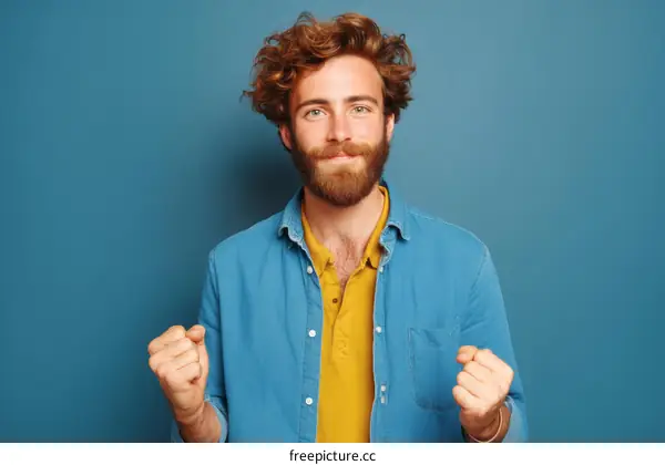 Confident Man Expressing Success Against Blue Background
