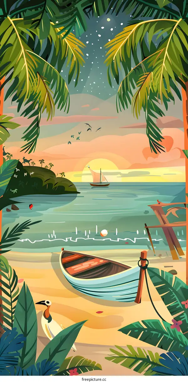 Tropical Sunset with Palm Trees and Boat on the Beach