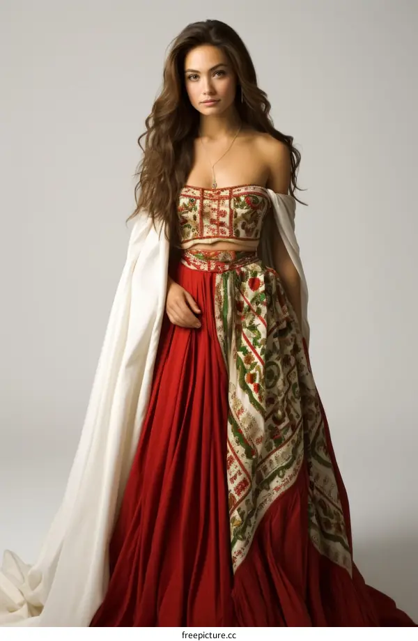A woman wearing a red and white dress is posing in front of a white background