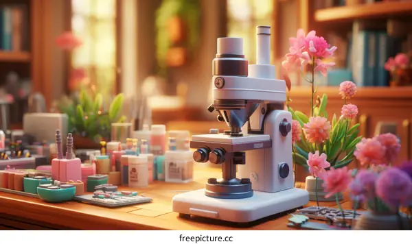 Microscope and Pink Flowers on a Table in a Room