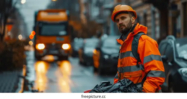 Sanitation Worker in Reflective Vest on City Street