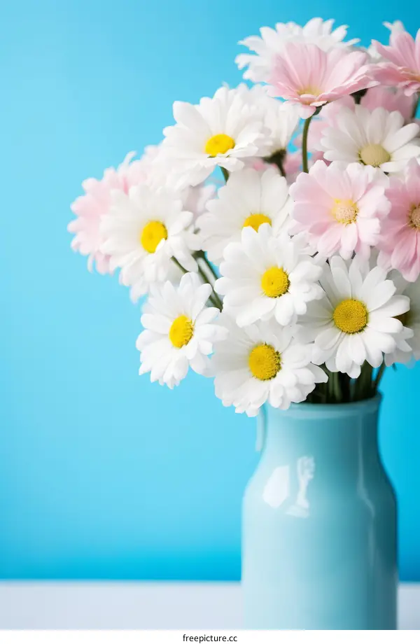 A beautiful bouquet of white and pink daisies in a blue vase