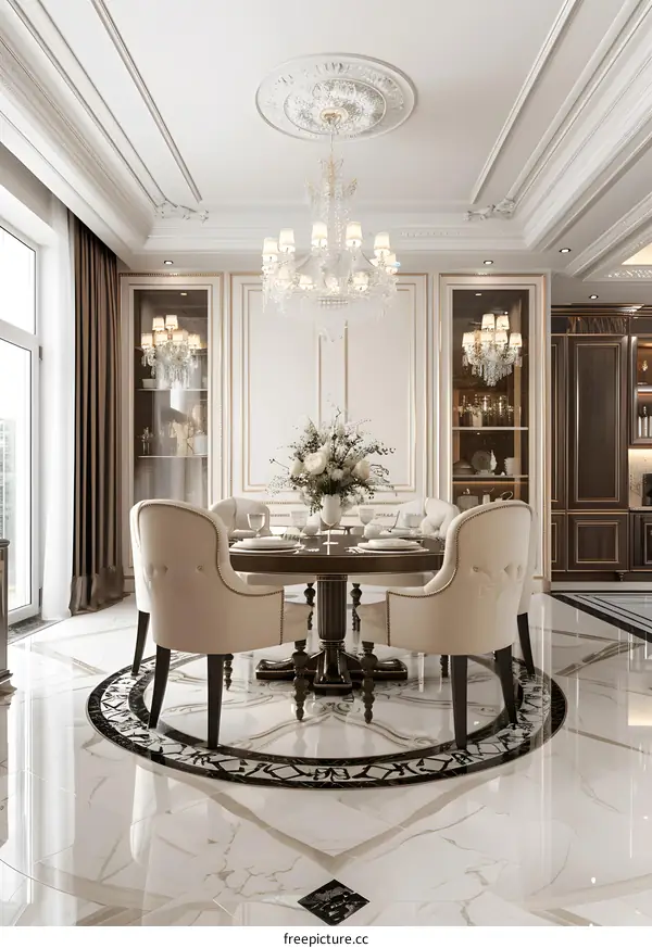 Luxury Dining Room Interior Design With White Marble Floor And Crystal Chandelier