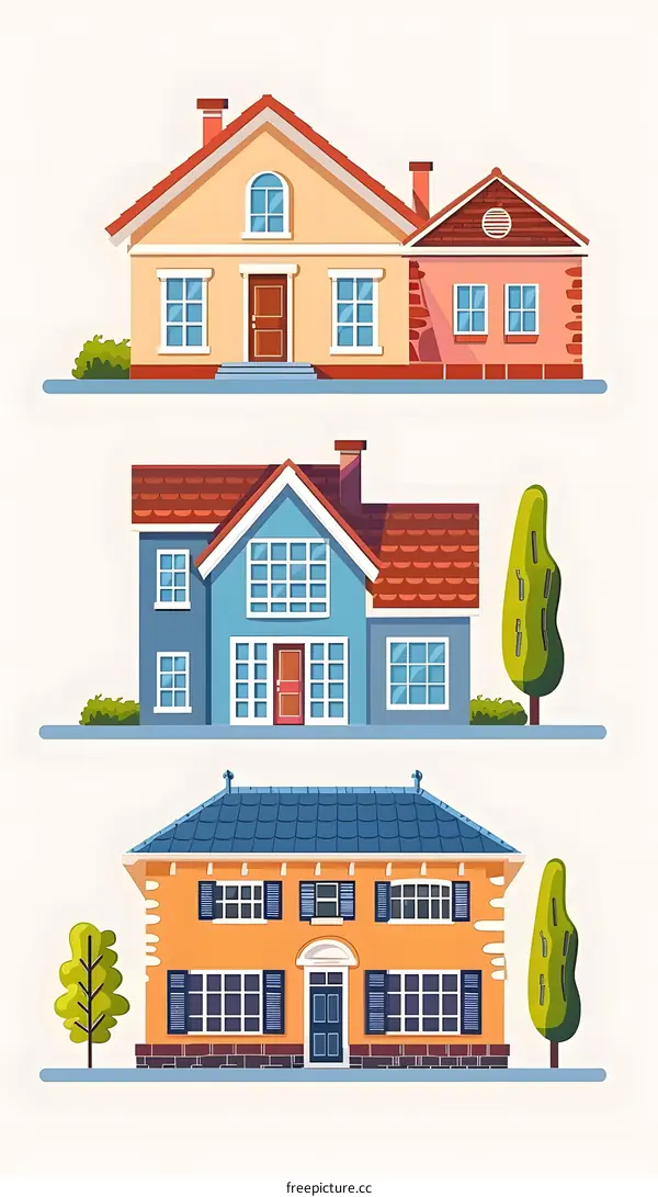 Three Cartoon Houses in a Row