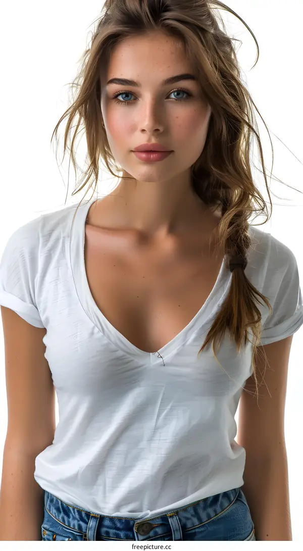 Beautiful Woman with Blue Eyes and Freckles Wearing a White T-Shirt and Jeans