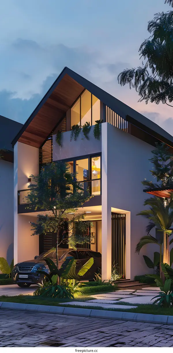 Modern House Exterior Design with Wooden Roof and Large Windows