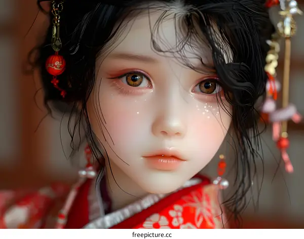 Close Up Portrait of a Beautiful Asian Woman in Traditional Japanese Kimono