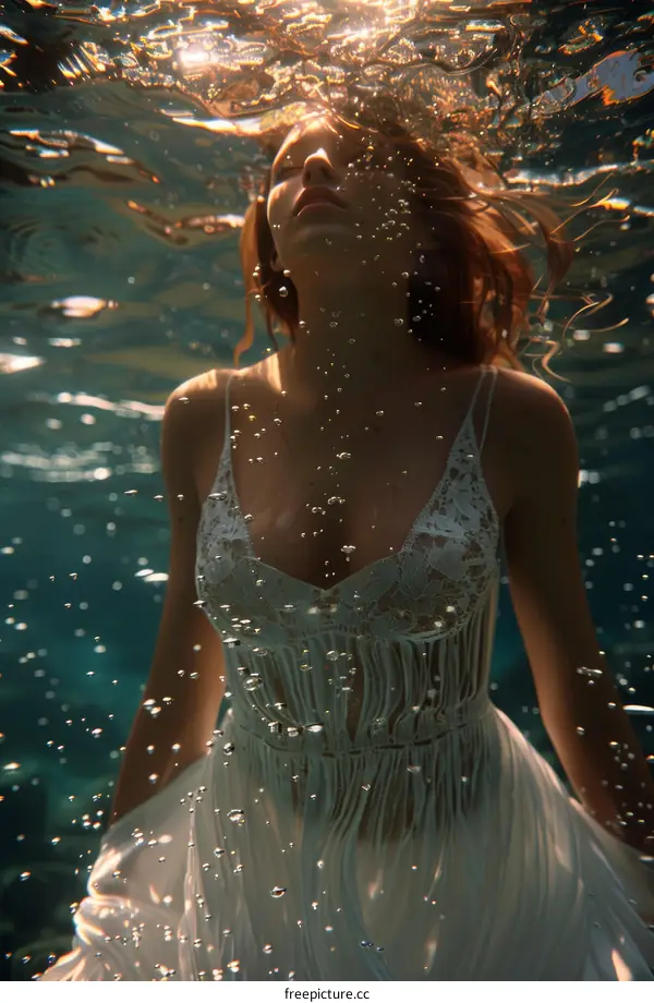 Woman in White Dress Floating Underwater